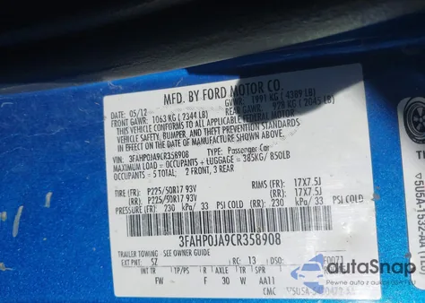 2012 Ford Fusion Sel из США, поврежденный, VIN 3FAHP0JA9CR358908